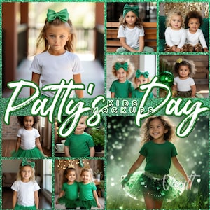May include: A collection of kids' mockups for St. Patrick's Day. The mockups feature children wearing green and white shirts, with some wearing green tutus. The background is a green glitter design with the text "Patty's Day Kids Mockups".