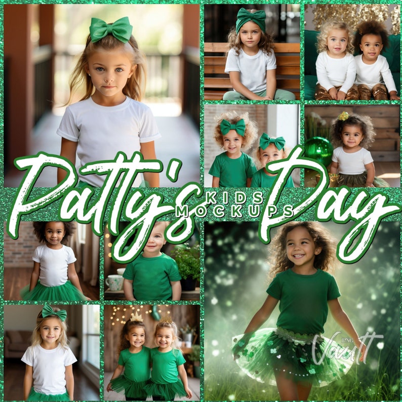 May include: A collection of kids' mockups for St. Patrick's Day. The mockups feature children wearing green and white shirts, with some wearing green tutus. The background is a green glitter design with the text "Patty's Day Kids Mockups".