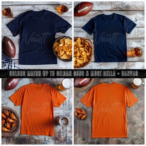May include: Two mockups of t-shirts, one navy blue and one orange, on a wood background with footballs, chips, and beer. The text "Colors match up to Gildan G500 & Most Bella + Canvas" is at the bottom of the image.