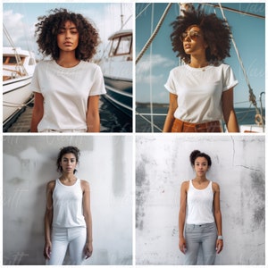 K&ouml;nnte beinhalten: Vier Frauen in wei&szlig;en Tanktops und Jeans. Zwei Frauen stehen vor einer wei&szlig;en Wand, und zwei Frauen stehen vor einem Boot.