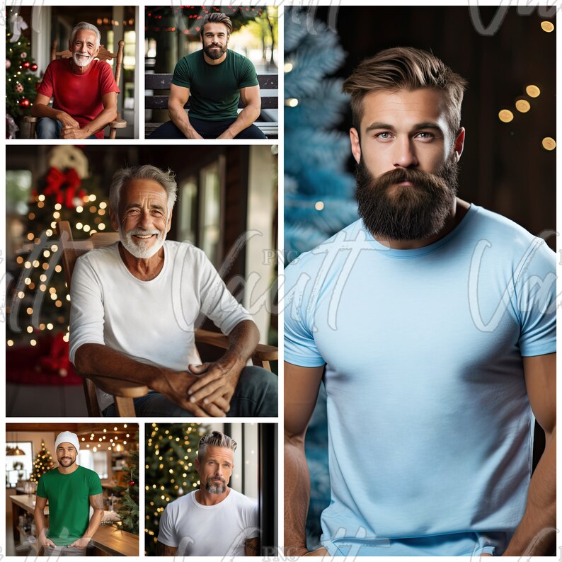 May include: A collage of five images featuring men wearing t-shirts. The images are set against a variety of backgrounds, including a Christmas tree, a porch, and a city street.