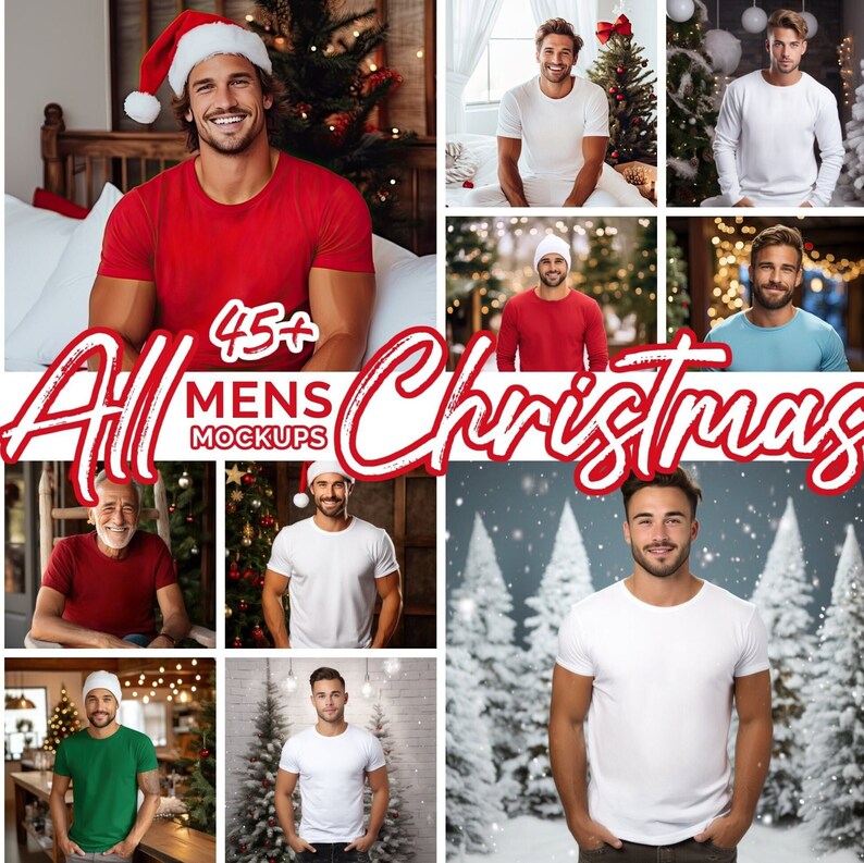 May include: A collection of 45+ Christmas themed mockups featuring men wearing various t-shirts in different poses and settings. The mockups are perfect for showcasing designs for t-shirts, sweatshirts, and other apparel.