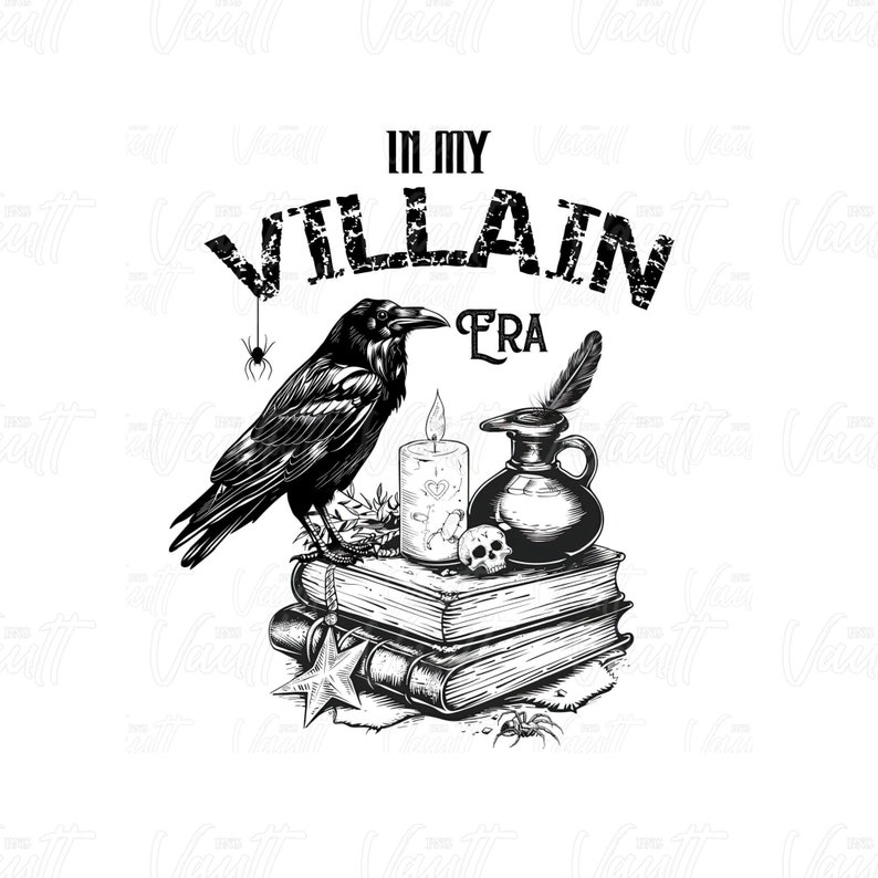 Puede incluir: Ilustraci&oacute;n en blanco y negro de un cuervo, una vela, una pluma y una calavera sobre dos libros. El texto "In My Villain Era" est&aacute; por encima de la imagen.