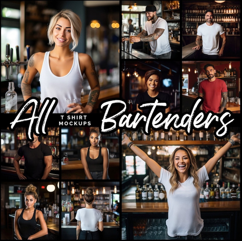 May include: A collection of t-shirt mockups featuring various people working as bartenders in a bar setting. The mockups are ideal for showcasing designs on t-shirts.
