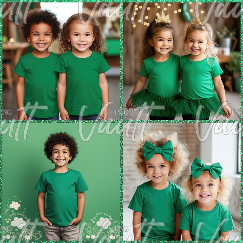 May include: Four children wearing green t-shirts. Two pairs of children are standing side-by-side. The children are all smiling.