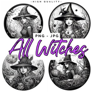 May include: Four black and white illustrations of witches in circular frames. Each witch is wearing a pointed hat and a long dress. The background of each illustration features various Halloween-themed elements, such as pumpkins, bats, and moons.