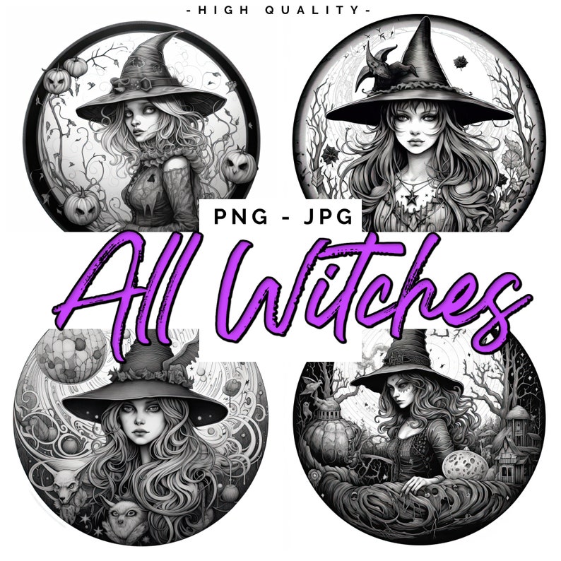 May include: Four black and white illustrations of witches in circular frames. Each witch is wearing a pointed hat and a long dress. The background of each illustration features various Halloween-themed elements, such as pumpkins, bats, and moons.