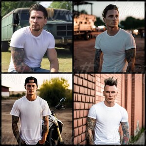 Puede incluir: Cuatro hombres con camisetas blancas, diferentes peinados y tatuajes. Los hombres est&aacute;n de pie frente a diferentes fondos, incluyendo una pared de ladrillo, un cami&oacute;n y una motocicleta.
