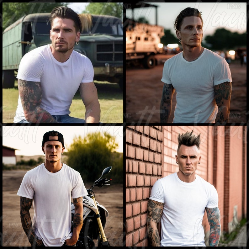 Puede incluir: Cuatro hombres con camisetas blancas, diferentes peinados y tatuajes. Los hombres est&aacute;n de pie frente a diferentes fondos, incluyendo una pared de ladrillo, un cami&oacute;n y una motocicleta.