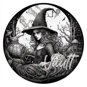 May include: A black and white illustration of a witch with long, flowing hair wearing a pointed hat and a long dress. She is standing in a forest setting with a pumpkin and a small house in the background.