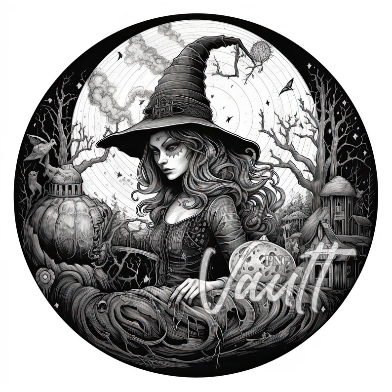 May include: A black and white illustration of a witch with long, flowing hair wearing a pointed hat and a long dress. She is standing in a forest setting with a pumpkin and a small house in the background.