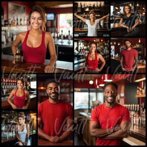 May include: A collage of images featuring people in a bar setting. The images show people wearing red shirts, standing behind a bar counter, and interacting with each other. The images are all taken in a dimly lit environment, with the bar lights reflecting off the surfaces.