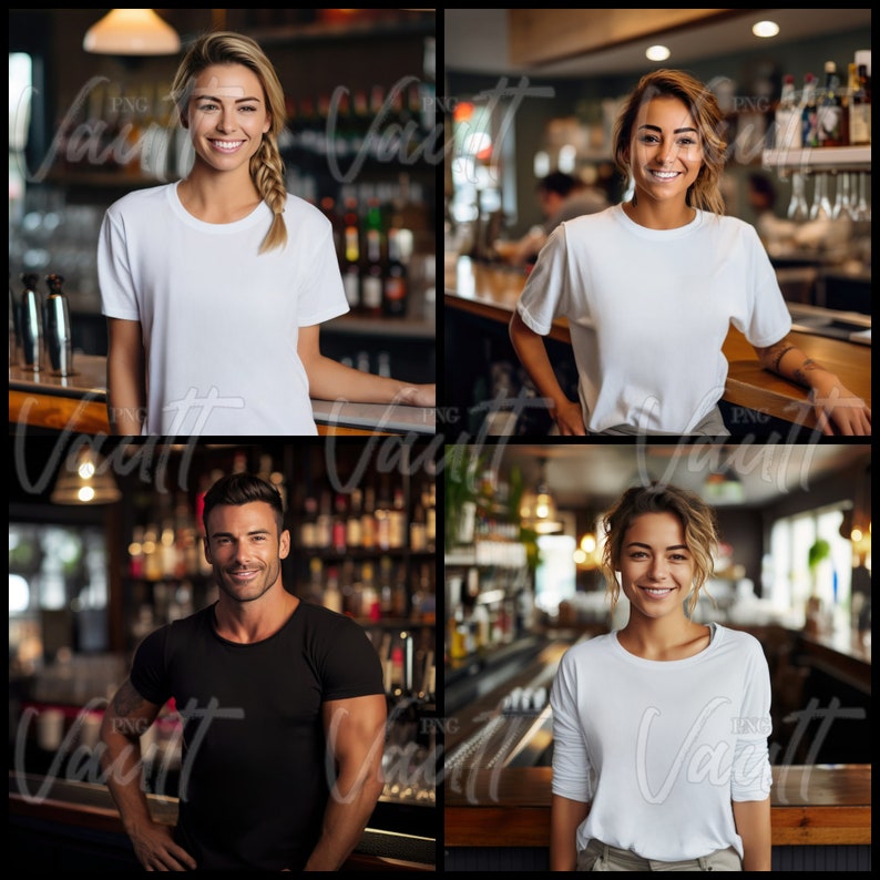 May include: Four people wearing white t-shirts stand in a bar setting. The bar is lined with shelves of liquor bottles. The people are looking at the camera and smiling.