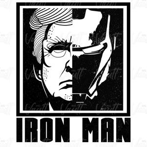 Puede incluir: Diseño gráfico en blanco y negro que presenta una cara dividida: una mitad se asemeja a una persona, la otra mitad al casco de Iron Man. La palabra "IRON MAN" está impresa en negrita, en mayúsculas, debajo de la imagen, dentro de un marco negro.