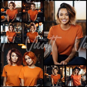 May include: A collage of images featuring people wearing orange shirts. The images are arranged in a grid pattern. Some of the images feature pumpkins and fall foliage.