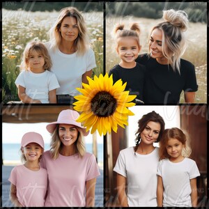May include: Four sets of matching white, black, and pink t-shirts for mothers and daughters. The photos are set against a variety of backgrounds, including a field of flowers, a wooden fence, and a beach.