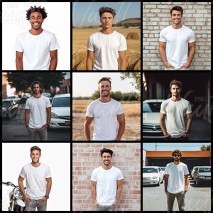 Puede incluir: Nueve hombres con camisetas blancas en diferentes entornos. Algunos est&aacute;n de pie frente a paredes de ladrillo, otros en campos y otros en entornos urbanos.