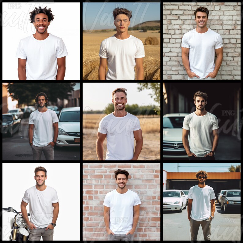 Puede incluir: Nueve hombres con camisetas blancas en diferentes entornos. Algunos est&aacute;n de pie frente a paredes de ladrillo, otros en campos y otros en entornos urbanos.