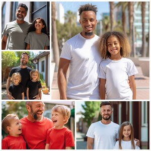 K&ouml;nnte beinhalten: Eine Collage aus Bildern, die V&auml;ter und Kinder zeigen. Die Bilder zeigen verschiedene Personen, darunter einen Vater und eine Tochter, die wei&szlig;e T-Shirts tragen, einen Vater und einen Sohn, die rote T-Shirts tragen, und einen Vater und eine Tochter, die wei&szlig;e T-Shirts tragen. Die Bilder sind vor verschiedenen Hintergr&uuml;nden aufgenommen, darunter ein Park, eine Stra&szlig;e und ein Haus.