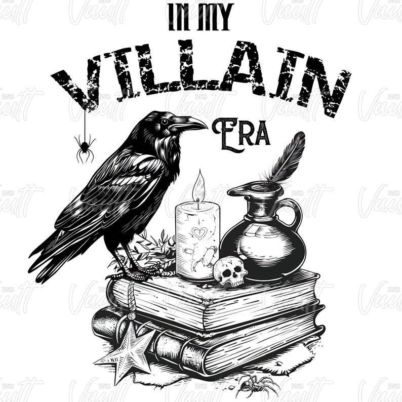 Puede incluir: Ilustraci&oacute;n en blanco y negro de un cuervo, una pluma, una vela, una calavera y una pila de libros. El texto "In My Villain Era" est&aacute; escrito encima de la ilustraci&oacute;n.