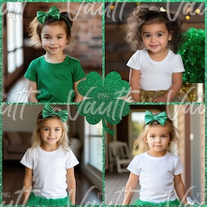 May include: Four photos of young children wearing green and white clothing. The children are wearing green bows in their hair. The photos are arranged in a grid with a green shamrock in the center.