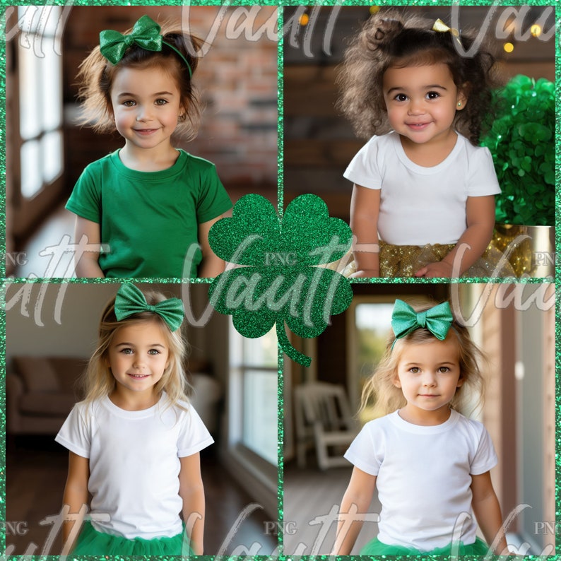 May include: Four photos of young children wearing green and white clothing. The children are wearing green bows in their hair. The photos are arranged in a grid with a green shamrock in the center.