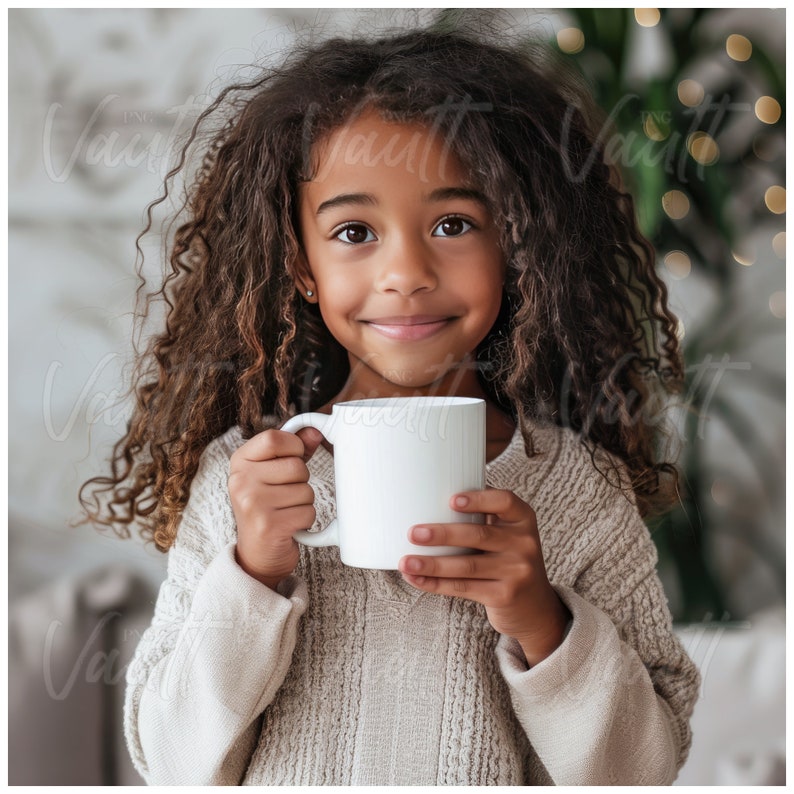 May include: A young girl with curly brown hair smiles while holding a white ceramic mug.