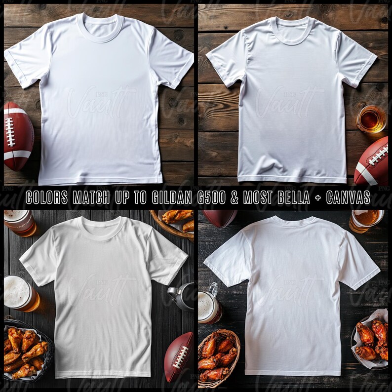 May include: Four white t-shirts on a wood background with footballs, chicken wings, and other props. The text "COLORS MATCH UP TO GILDAN G500 & MOST BELLA + CANVAS" is visible at the top of the image.
