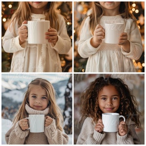 May include: Four children, each holding a white ceramic mug, are photographed in different settings. The children are wearing winter clothing and are smiling.