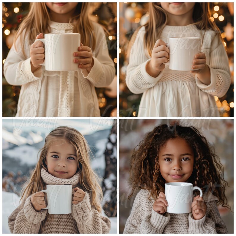 May include: Four children, each holding a white ceramic mug, are photographed in different settings. The children are wearing winter clothing and are smiling.