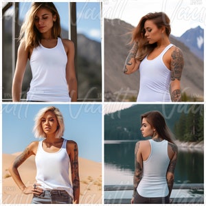 May include: Four women wearing white tank tops in different outdoor settings. The tank tops are sleeveless and have a scoop neck.