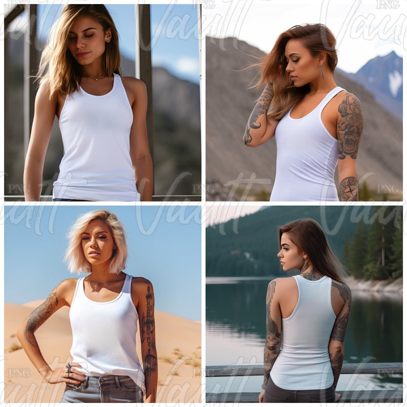 May include: Four women wearing white tank tops in different outdoor settings. The tank tops are sleeveless and have a scoop neck.