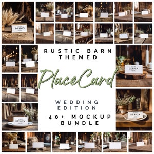 May include: Rustic barn themed wedding place card mockups. 40+ place card mockups with blank white cards in various rustic settings.  The text "Your Design Here" is on some of the cards.
