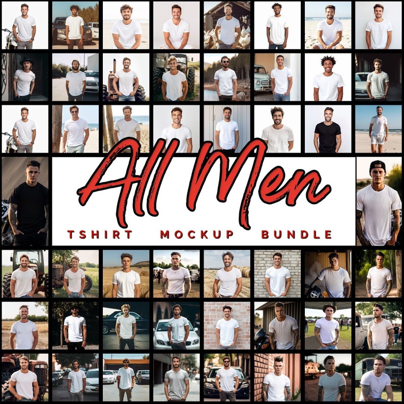 Puede incluir: Una colecci&oacute;n de 48 im&aacute;genes que muestran a hombres con camisetas blancas en diferentes poses y entornos. Las im&aacute;genes est&aacute;n dispuestas en una cuadr&iacute;cula y el texto "All Men T-shirt Mockup Bundle" se muestra en la parte inferior.
