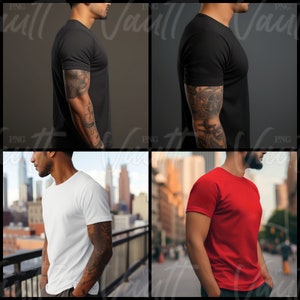 May include: Four different t-shirts in black, white, and red. The shirts are all crew neck and short-sleeved. The shirts are shown on a model with tattoos on their arms.