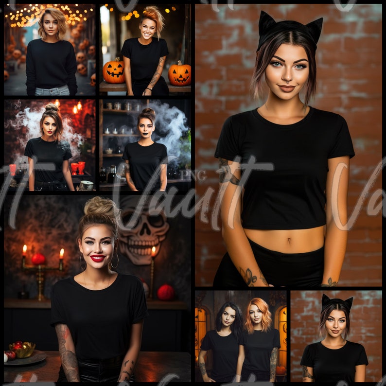 May include: A collage of images featuring people wearing black t-shirts. Some images feature pumpkins and fall foliage. The images are arranged in a grid pattern.