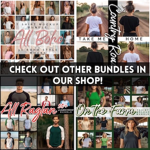 May include: A collage of images showcasing different t-shirt mockups. The top row features a variety of t-shirt styles in a boho theme. The second row features a country road theme with a white t-shirt and a black t-shirt. The third row features a variety of raglan t-shirt styles. The fourth row features a farm theme with a variety of t-shirt styles. The text "All Boho", "Country Road", "All Raglan", and "On The Farm" are featured in the collage.