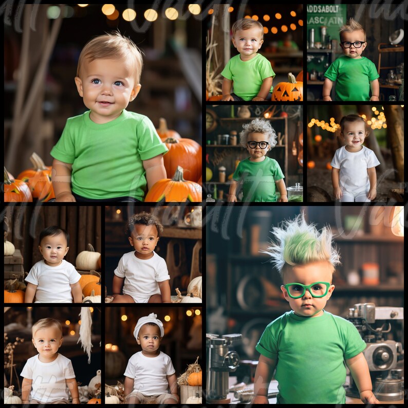 May include: A collage of nine images featuring young children wearing green and white shirts. The children are posed in various settings, including a pumpkin patch, a workshop, and a rustic barn.
