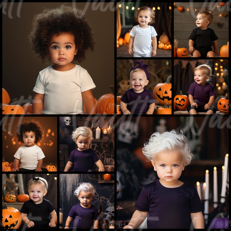 May include: A collage of nine images featuring children dressed in Halloween costumes. The children are wearing a variety of costumes, including a witch, a vampire, and a ghost. The images are set against a backdrop of pumpkins, bats, and other Halloween decorations.