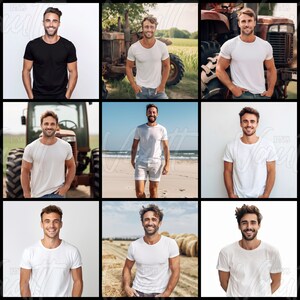 Puede incluir: Un collage de nueve im&aacute;genes con una persona que lleva una camiseta blanca en diferentes entornos, incluyendo una playa, un campo y un tractor. La persona sonr&iacute;e y mira a la c&aacute;mara. La camiseta es un lienzo en blanco, perfecto para mostrar un dise&ntilde;o o logotipo.