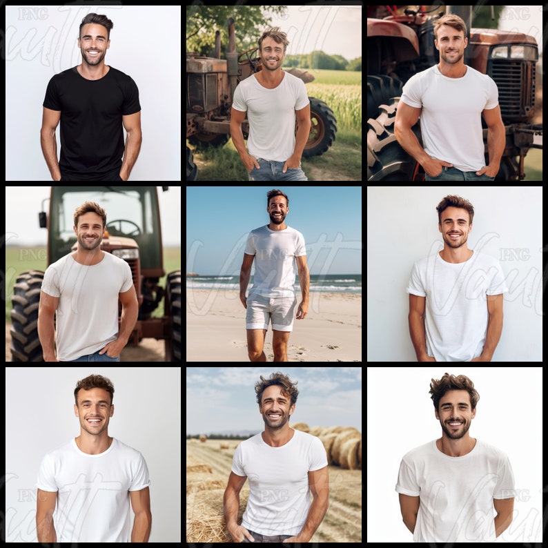 Puede incluir: Un collage de nueve im&aacute;genes con una persona que lleva una camiseta blanca en diferentes entornos, incluyendo una playa, un campo y un tractor. La persona sonr&iacute;e y mira a la c&aacute;mara. La camiseta es un lienzo en blanco, perfecto para mostrar un dise&ntilde;o o logotipo.