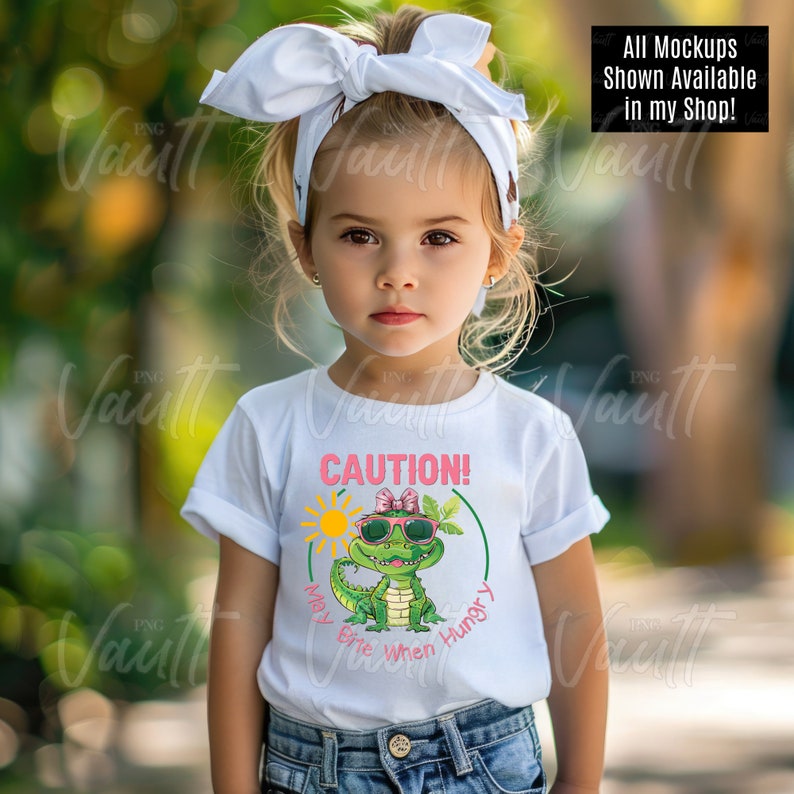 May include: A white t-shirt featuring a green alligator wearing sunglasses and a pink bow. The alligator is surrounded by a green circle with the words "May Bite When Hungry" and a yellow sun. The text "CAUTION!" is in pink above the alligator.