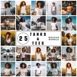 K&ouml;nnte beinhalten: Eine Sammlung von 25 Mockup-Bildern, die eine Person zeigen, die wei&szlig;e Tanktops und T-Shirts in verschiedenen Umgebungen tr&auml;gt. Der Text "Tanks & Tees Mockup Bundle" wird auf einem wei&szlig;en Banner angezeigt.