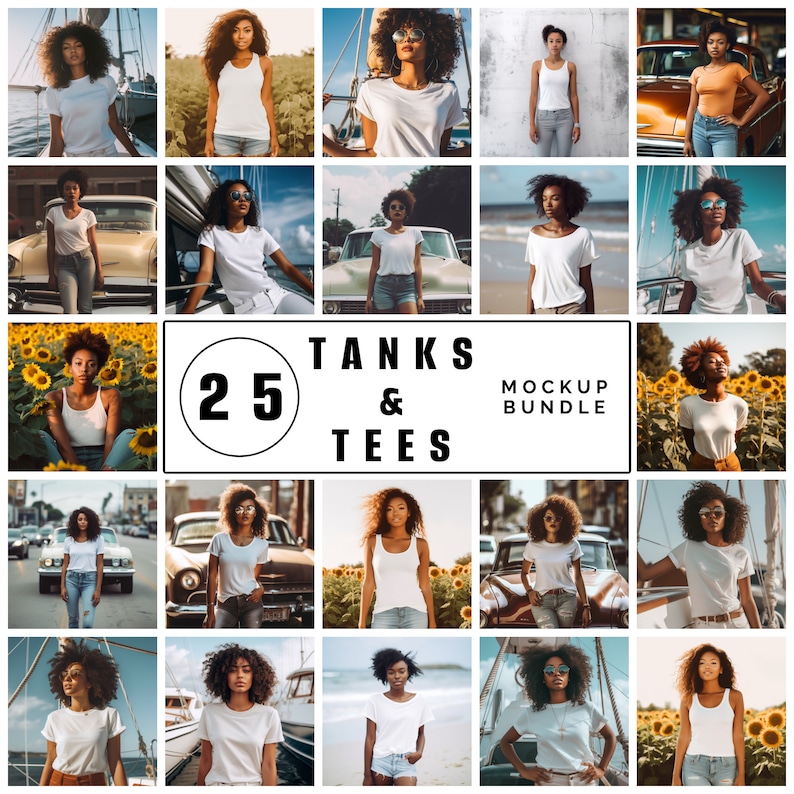 K&ouml;nnte beinhalten: Eine Sammlung von 25 Mockup-Bildern, die eine Person zeigen, die wei&szlig;e Tanktops und T-Shirts in verschiedenen Umgebungen tr&auml;gt. Der Text "Tanks & Tees Mockup Bundle" wird auf einem wei&szlig;en Banner angezeigt.