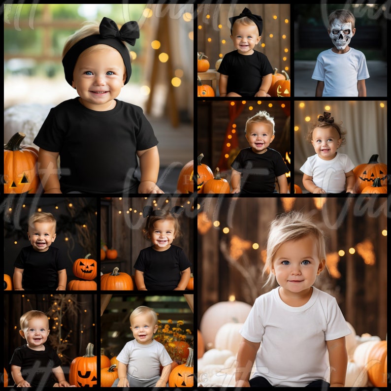 May include: A collage of photos featuring children dressed in Halloween costumes. The children are wearing black and white outfits with pumpkin accents. Some children are holding pumpkins.
