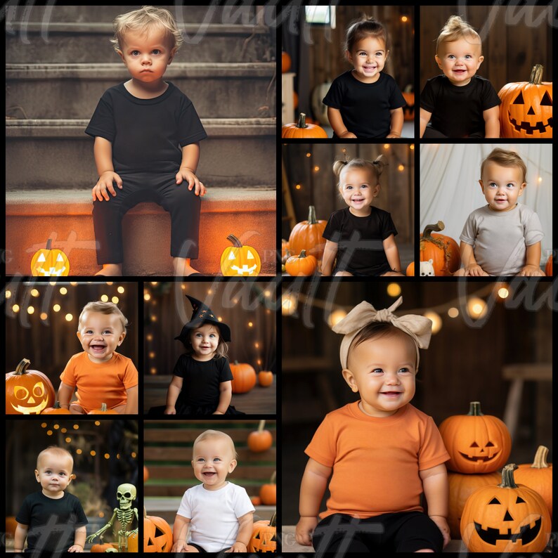 May include: A collage of photos featuring children dressed in Halloween costumes. The children are wearing various costumes, including a witch, a pumpkin, and a ghost. The photos are set against a backdrop of pumpkins and other Halloween decorations.