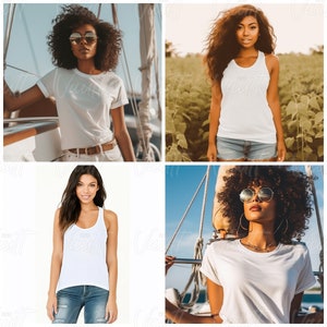 K&ouml;nnte beinhalten: Vier verschiedene Frauen tragen wei&szlig;e Tanktops und Jeans. Die Frauen befinden sich in verschiedenen Umgebungen, darunter ein Boot, ein Feld und ein Studio. Die Tanktops sind schlicht und klassisch im Stil mit einem runden Ausschnitt und ohne Verzierungen.