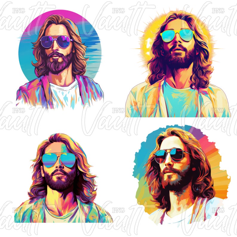 Puede incluir: Cuatro ilustraciones coloridas de un hombre con pelo largo, barba y gafas de sol. Cada imagen tiene un fondo diferente, incluyendo un c&iacute;rculo, un sol y una salpicadura colorida. El hombre lleva una camisa y una chaqueta de color claro.