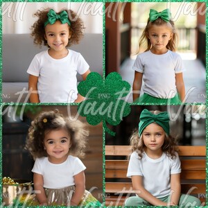 May include: Three young girls wearing white shirts and green skirts or dresses. Each girl is wearing a green headband with a bow. The girls are posed in front of a green shamrock background.