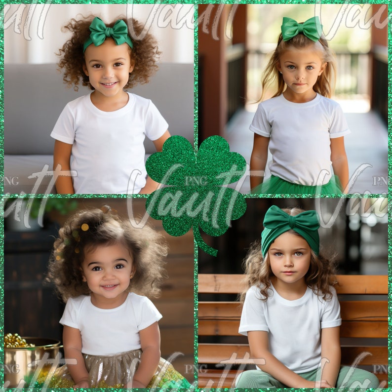 May include: Three young girls wearing white shirts and green skirts or dresses. Each girl is wearing a green headband with a bow. The girls are posed in front of a green shamrock background.